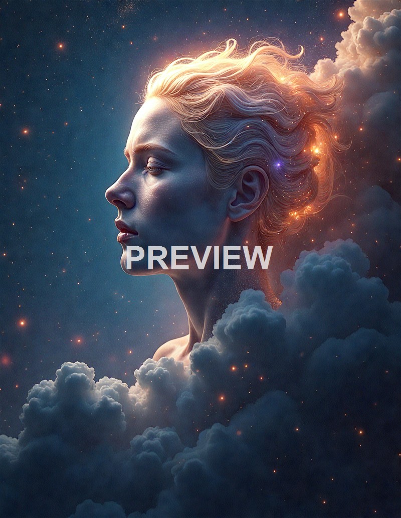 A digital artwork of a woman’s profile with flowing hair blending into a cosmic scene filled with stars, clouds, and glowing light effects.